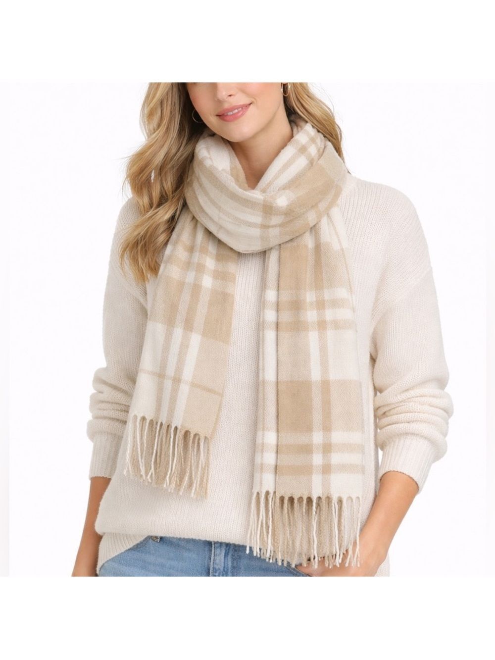 J.Crew White Tan Plaid Tasseled Large Fringe Scarf